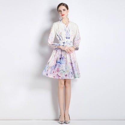 Elegant V-neck Vintage Floral Print Long Sleeves Dress Spring