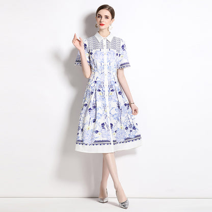 Slim Shirt Collar Short Sleeve Mid-length Printed Dress