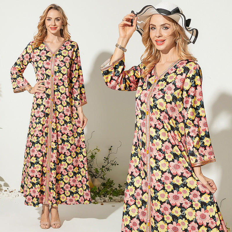 V-neck Printed Long Loose Temperament Dress