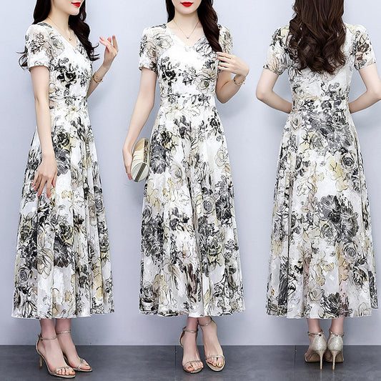 Spring And Autumn Chiffon Cut Flower Dress