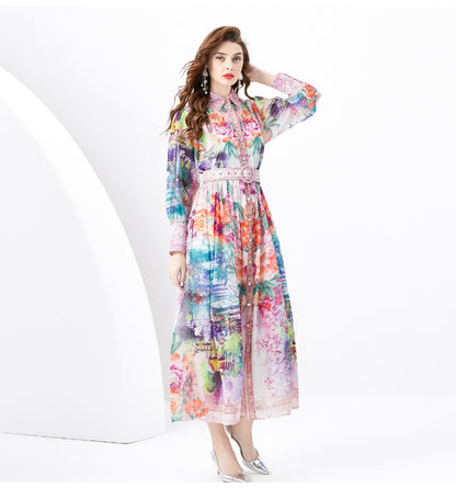 Breasted Slim-fit Long Print Holiday Dress