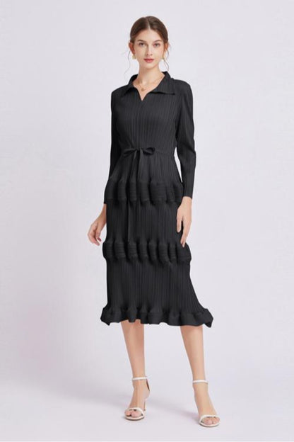 Fashion Dress Mid Waist Pleated Slim Fit Lantern Dress