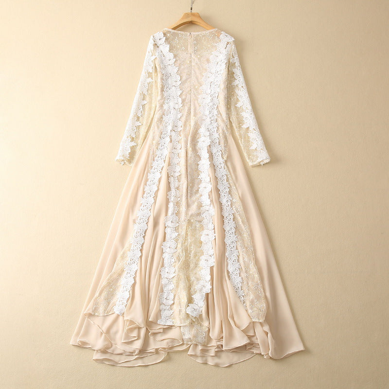 Oversized Skirt Long Sleeve Stickers Water Soluble Chiffon Patchwork Dress