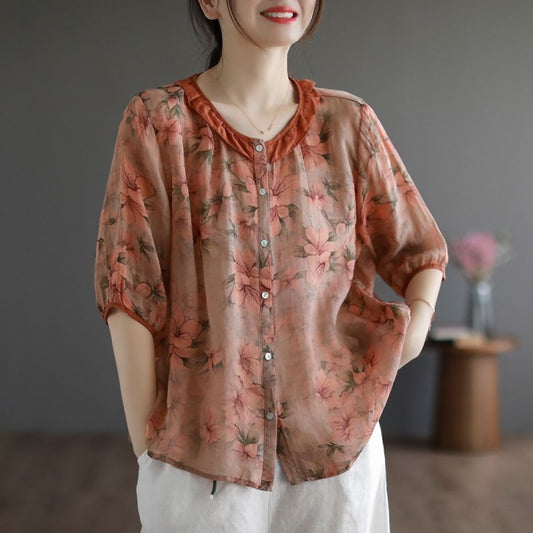 Retro Artistic Contrast Color Round Neck Oversized Short Sleeve Shirt