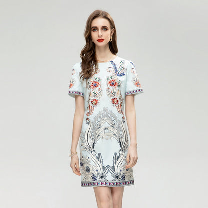 Symmetrical Printed Heavy Industry Beads Diamond Loose Waist Short Sleeve Dress