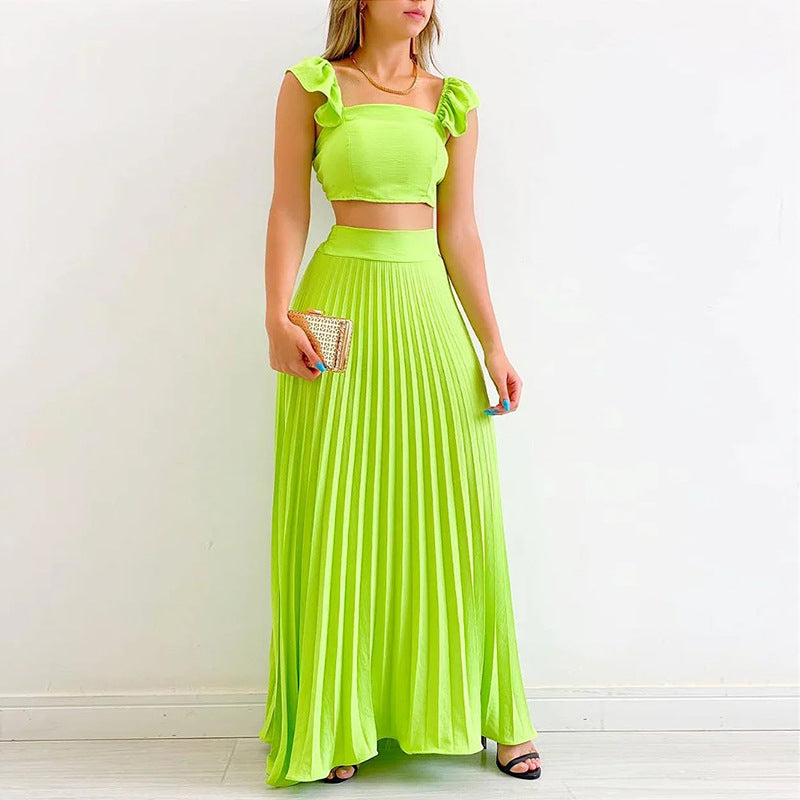 Solid Color Short Vest High Waist Pleated Long Skirt Casual Suit