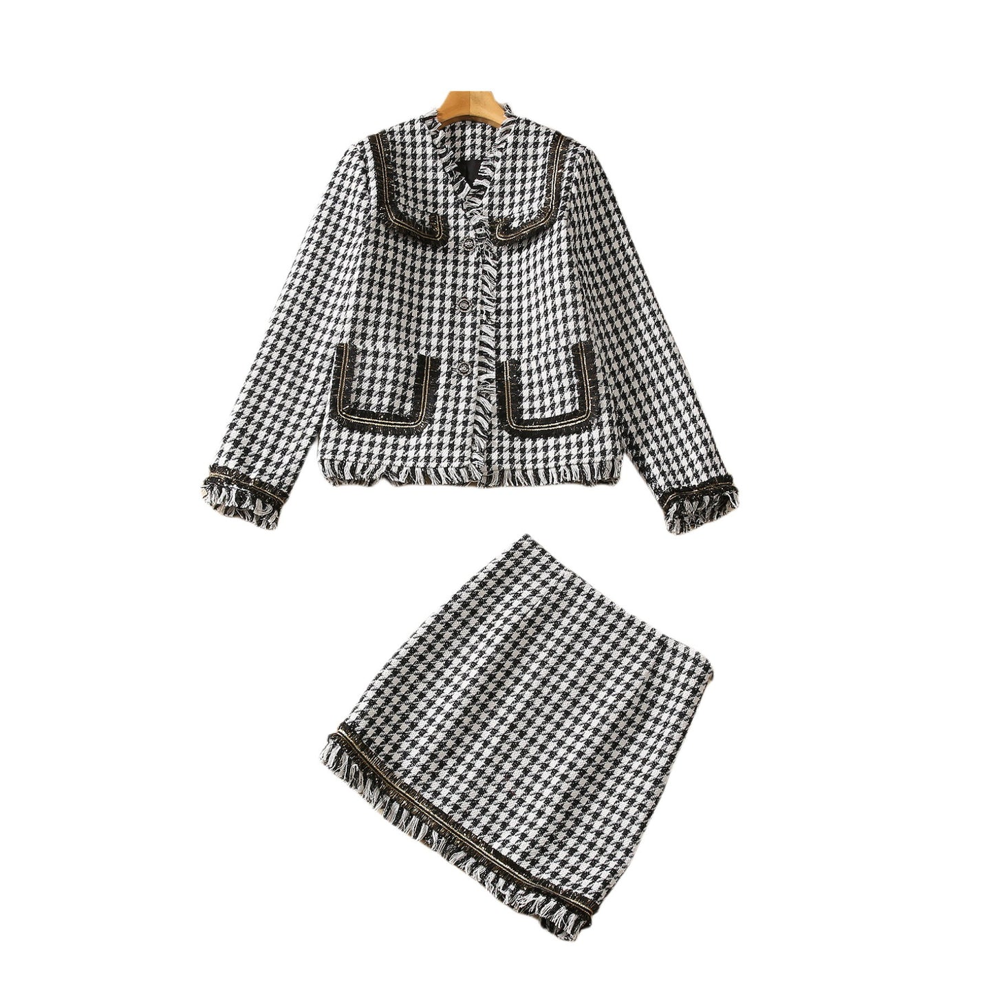 Houndstooth Gold Thread Tassel Short Coat Skirt