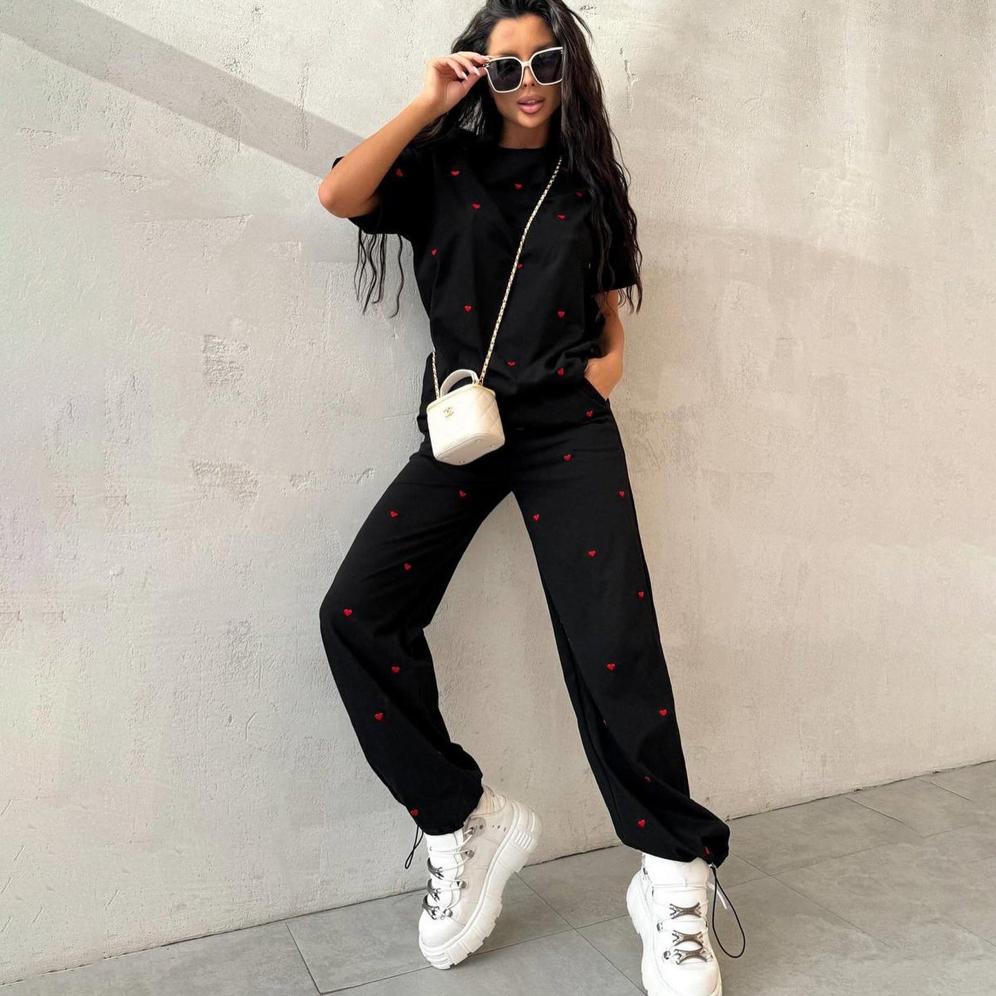 Elastic Waist Ankle-tied Sweatpants Two-piece Set