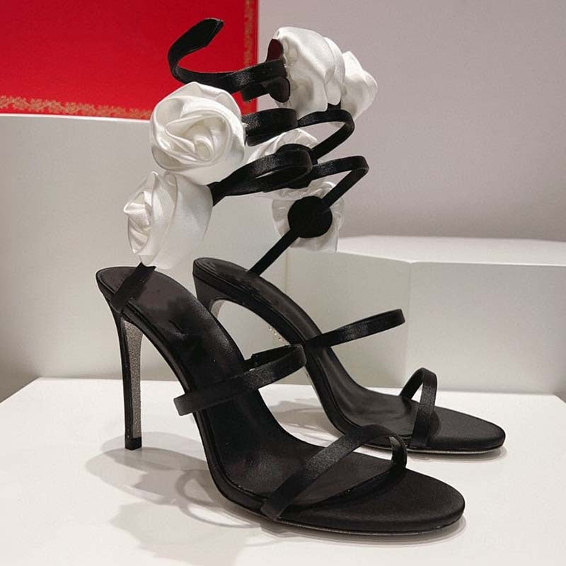 Lace-up Stiletto Heel Round Toe Flower Decorative Women's Sandals