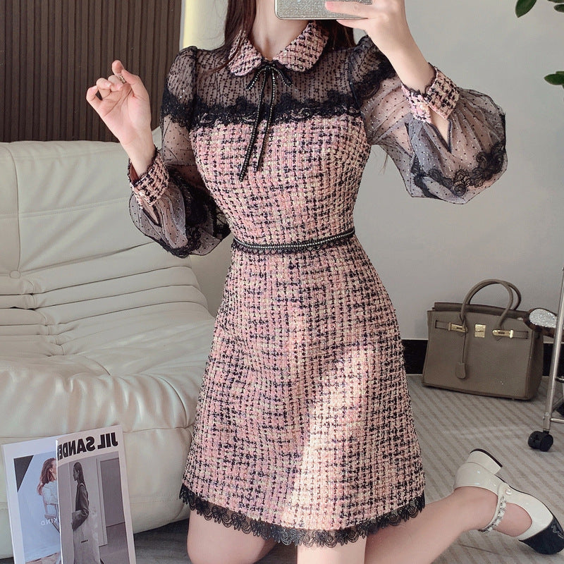 Lapel Bow Puff Sleeve Slimming Classic Style Dress