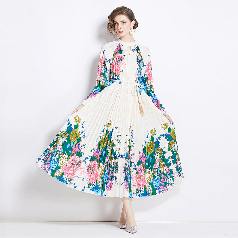 Printed Lantern Sleeve Pleated Tassel Belt Dress