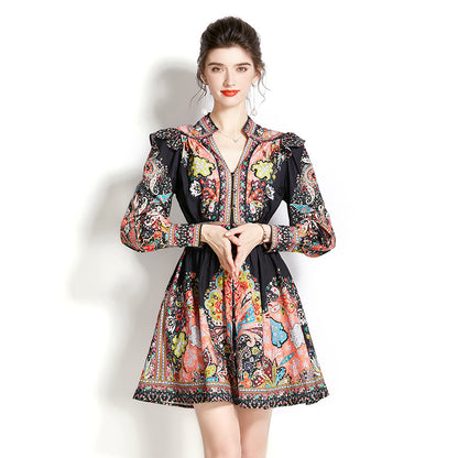 Lantern Sleeve Printed Short Dress