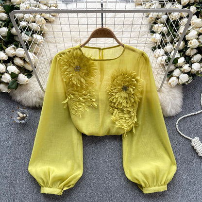 Design Three-dimensional Flower Slim-fit Puff Sleeve Pullover Shirt Women