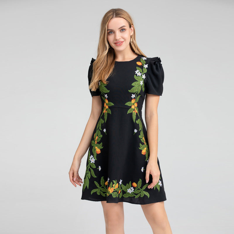 Exquisite Embroidery Floral Puff Sleeve Waist-tight Dress