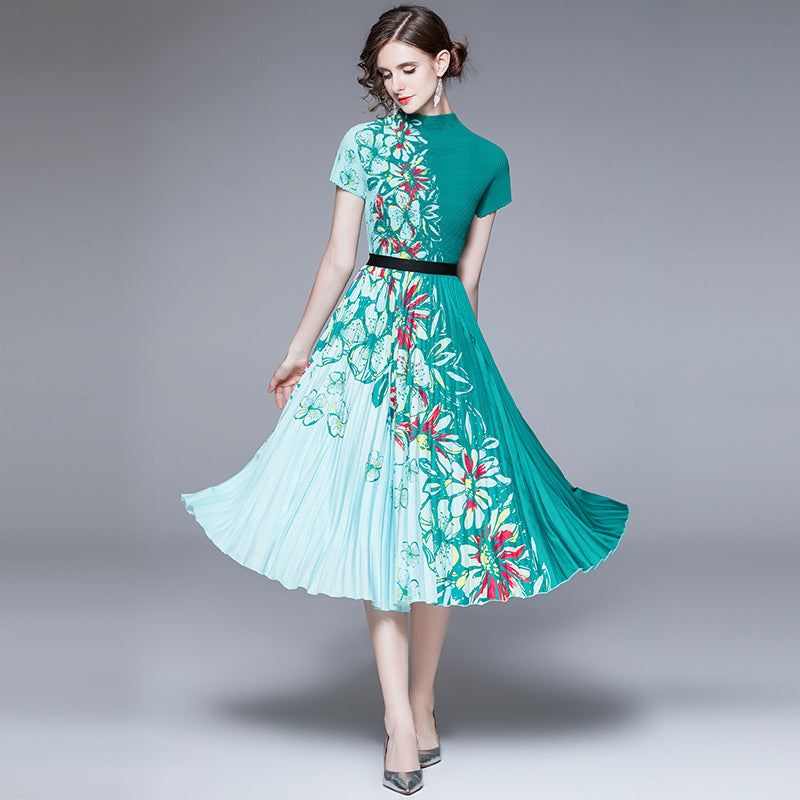 Printed Dress Pleated Fashion Suit Two-piece Set