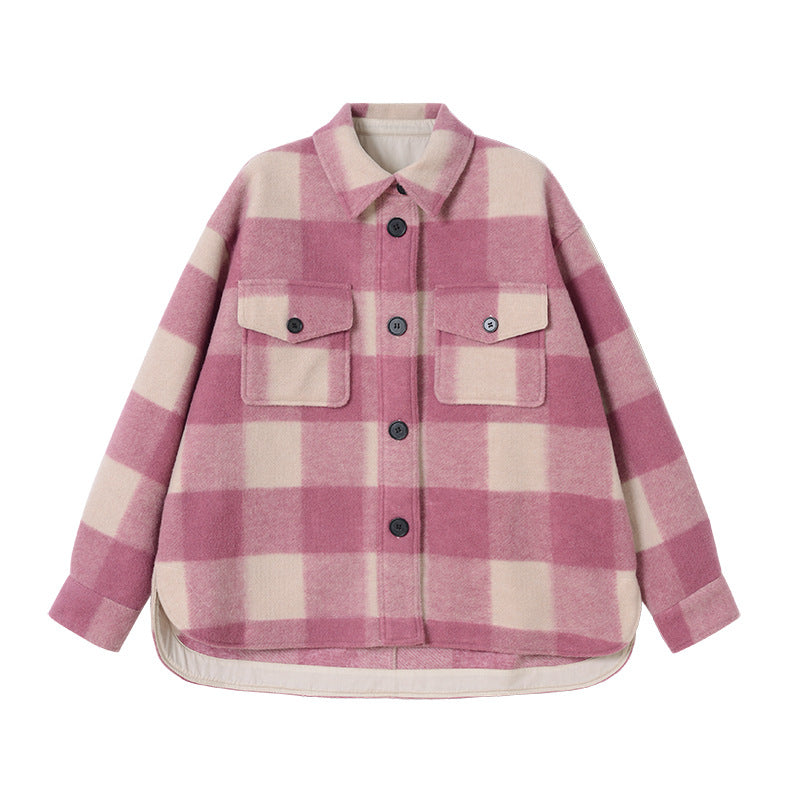 Wool Plaid Short Coat Shirt Collar Women's Loose Top Woolen Coat For Men And Women