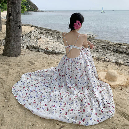 Vacation Style Sweet Floral Printing Ankle-length Dress