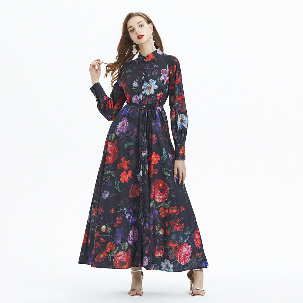 Retro Lantern Sleeve Printing Stand-up Collar Cinched Ruffled Long Dress