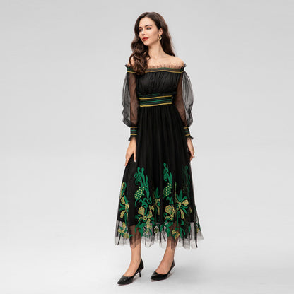 Oversized Skirt Off-shoulder Off-shoulder Collar Machine Embroidery Long Sleeve Elastic Waist Dress