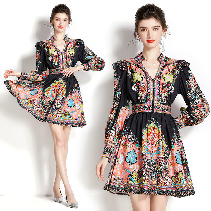 Lantern Sleeve Printed Short Dress