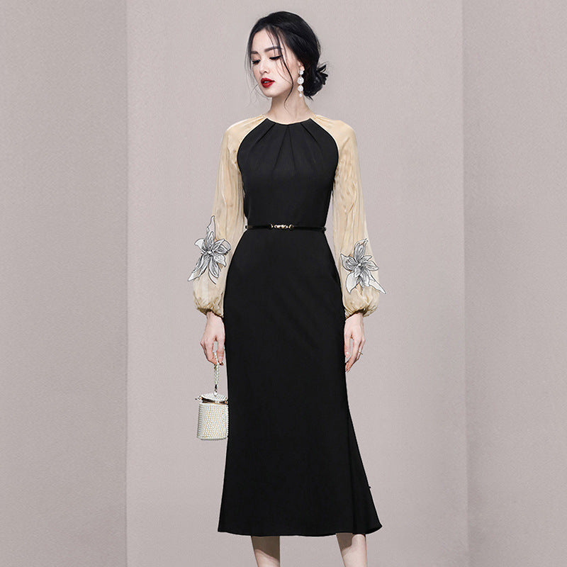 Elegant Contrast Color Lantern Sleeve Slim Fit Waist-controlled Slimming Black Dress