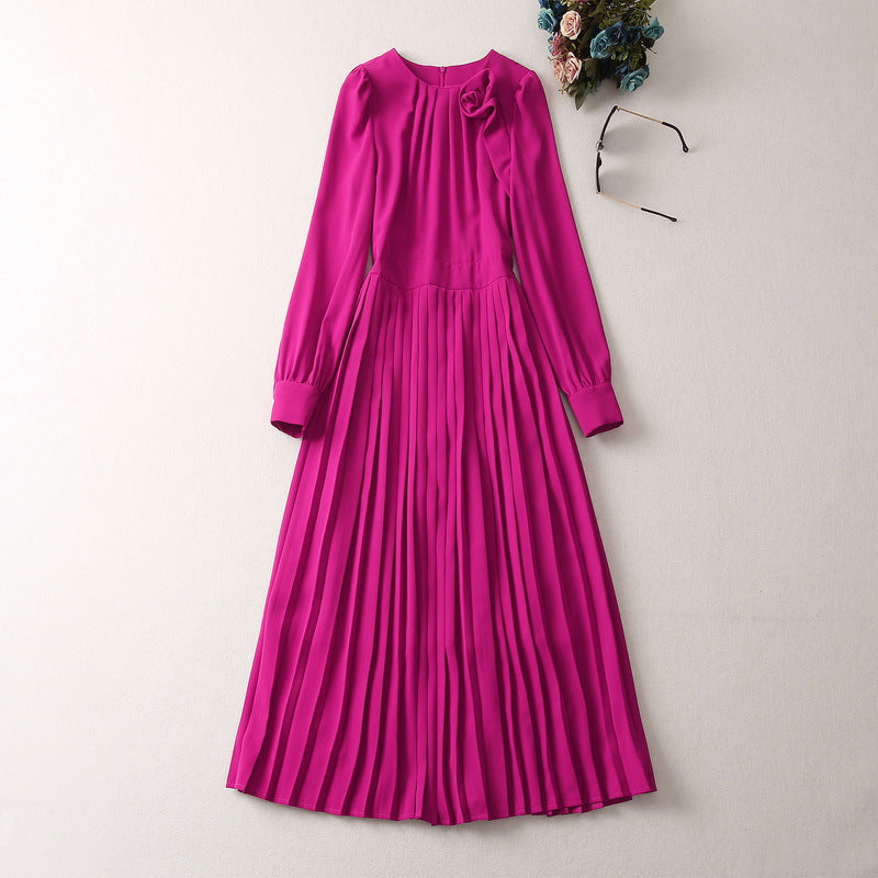 Panhua Pleated Round Neck Pleated Puffy Long Sleeve Dress