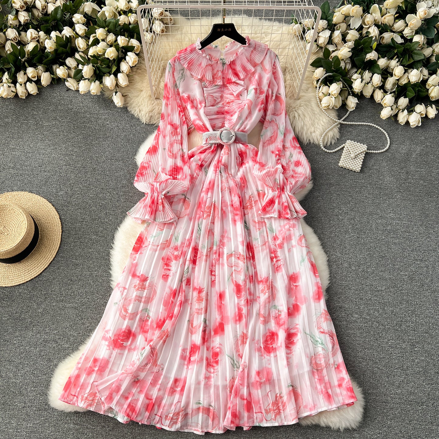 Ruffle Ruffle Collar Slim-fit Mid-length Printed Chiffon Pleated Skirt