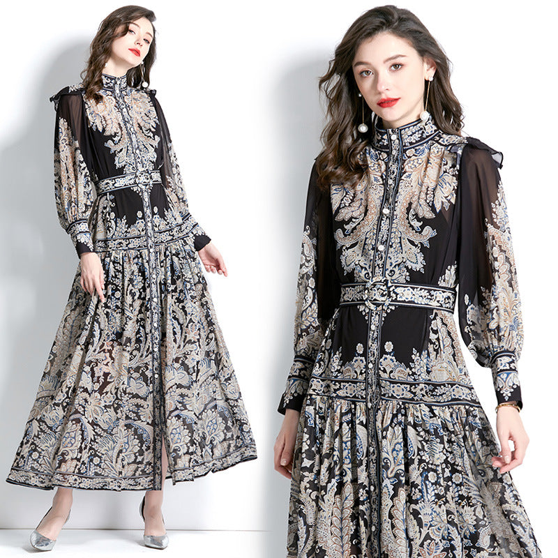 Stand-up Collar Puff Sleeve Wave Edge Printed Temperament Ankle Super Long Dress