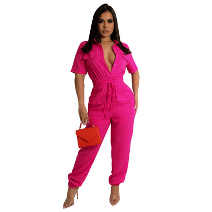 Short Sleeve Collar Slim-fit Lace Up Women's Jumpsuit