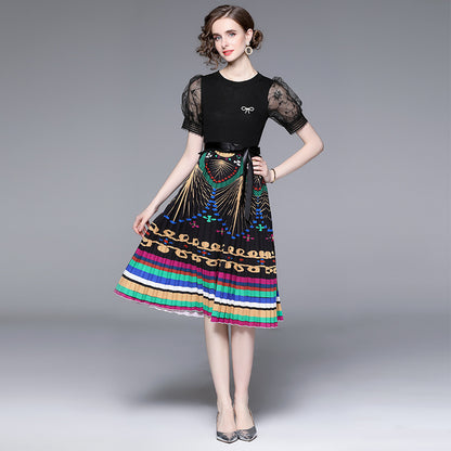 Slimming False Two-piece Mesh Stitching Printing Dress