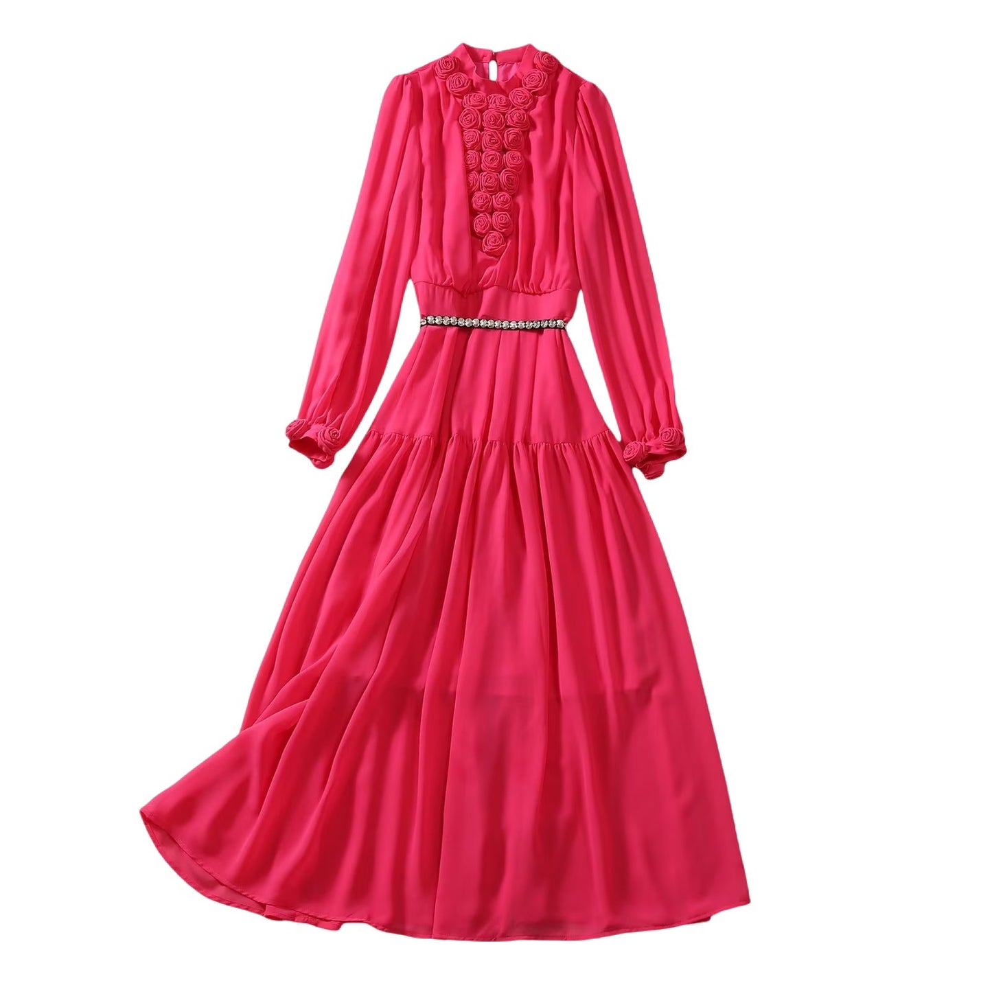 Chiffon Big Swing Long Skirt Long Sleeve Three-dimensional Plate Flower Rhinestone Belt Dress