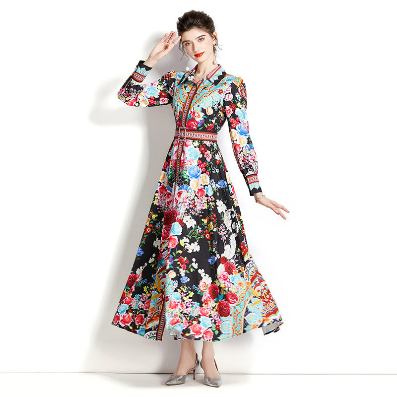 Retro Lantern Sleeve Wide Swing Printing Dress