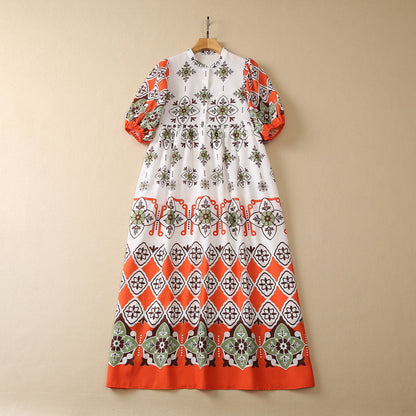 Loose Waist Cotton And Linen Printed Short-sleeved Dress