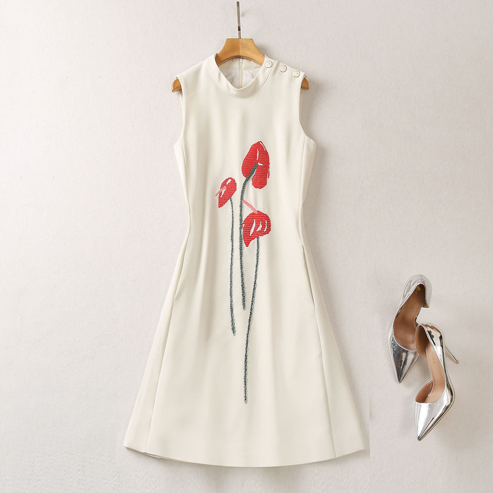 Stand Collar Three-dimensional Embroidery Vest Dress