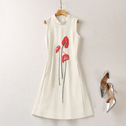 Stand Collar Three-dimensional Embroidery Vest Dress