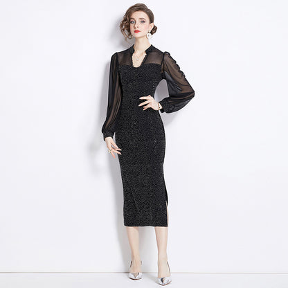 V-neck Sequins Velvet Sheath Dress Women