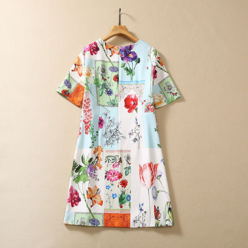 Round Neck Short Sleeve Floral Multicolor Printing Dress