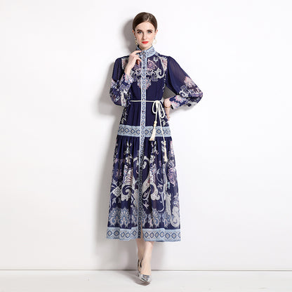 Printed Stand Collar Temperament Dress