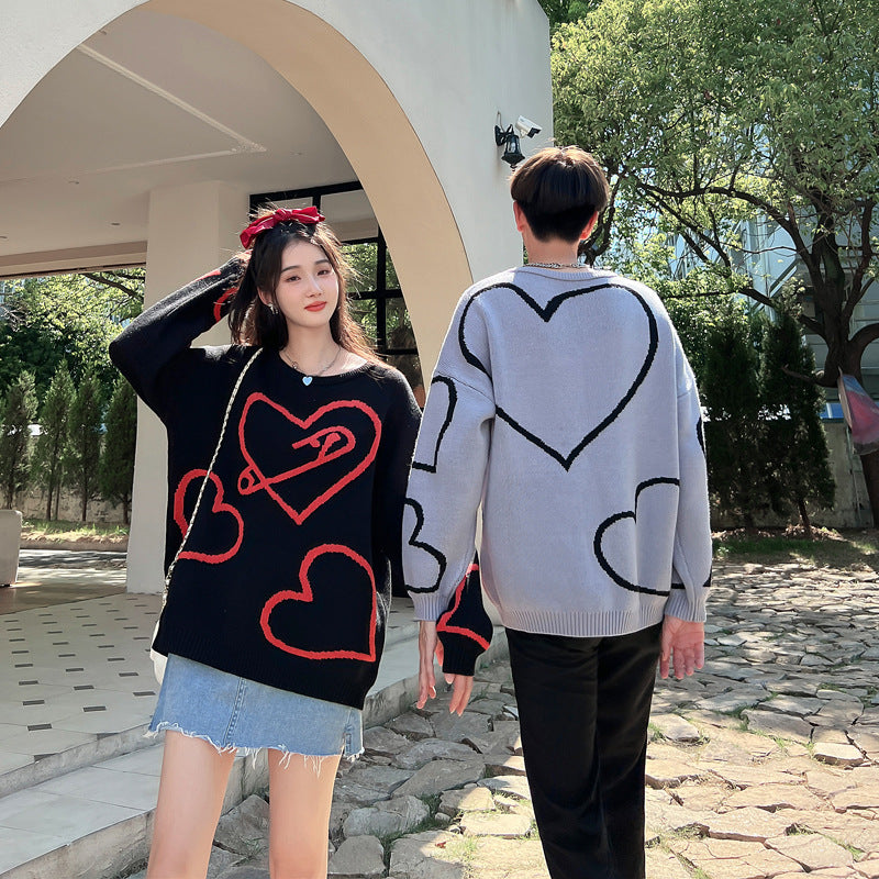 Male And Female Cute Heart Round Neck Sweater