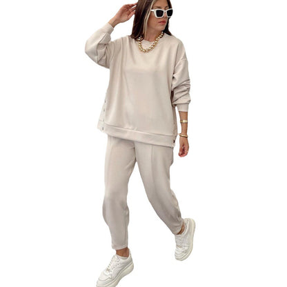 Metal Button Long Sleeve Shirt Sports Casual Ankle Banded Pants Suit