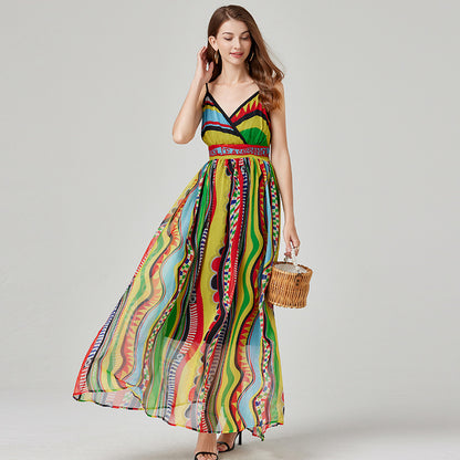 Printed Sling Chiffon High Waist Dress