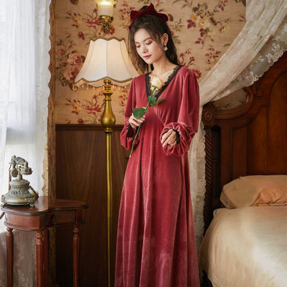 Warm Lace V-neck Pajamas Long Dress Home Wear