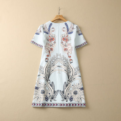 Symmetrical Printed Heavy Industry Beads Diamond Loose Waist Short Sleeve Dress