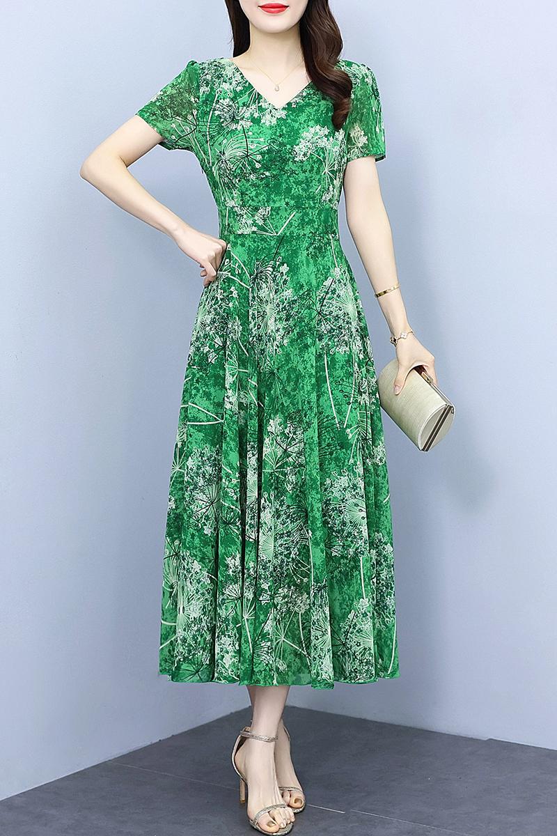 Spring And Autumn Chiffon Floral Dress