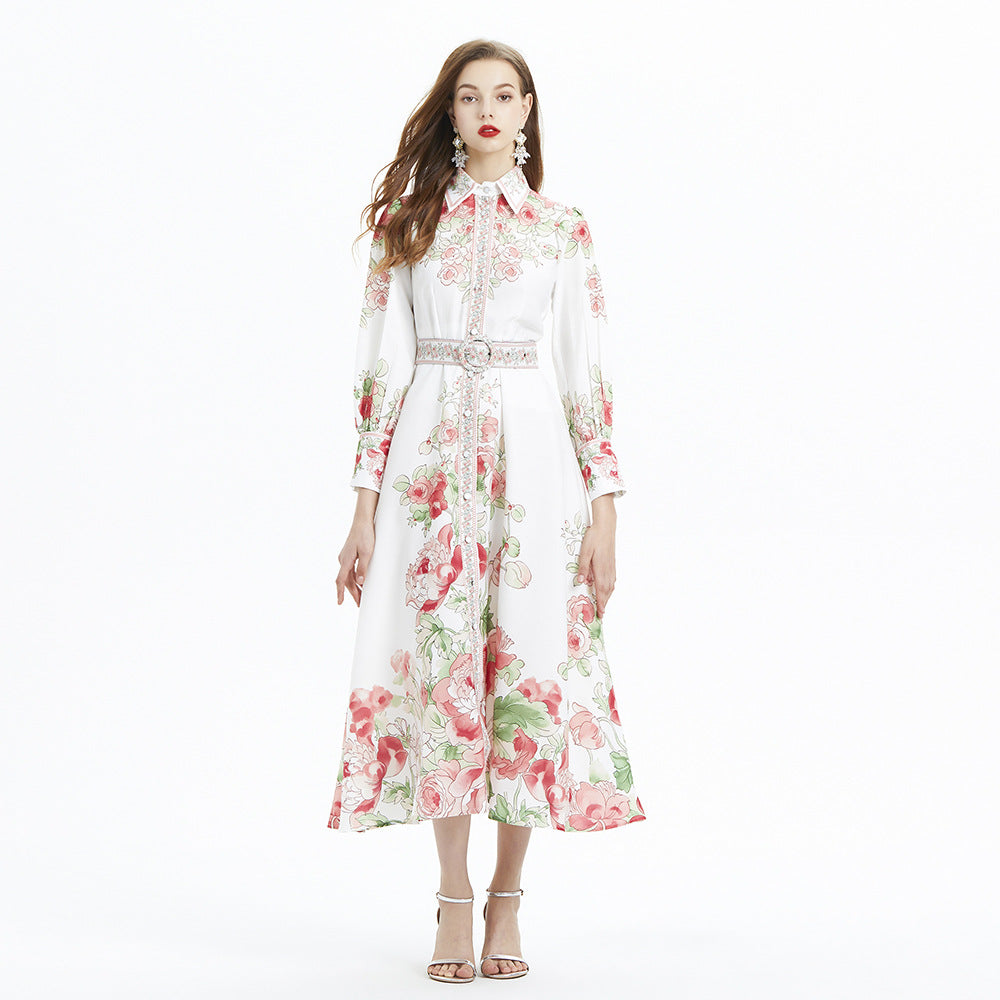 Vacation Style Blouse Collar Floral Print Long Sleeve Waist Single Breasted Ruffled Long Dress