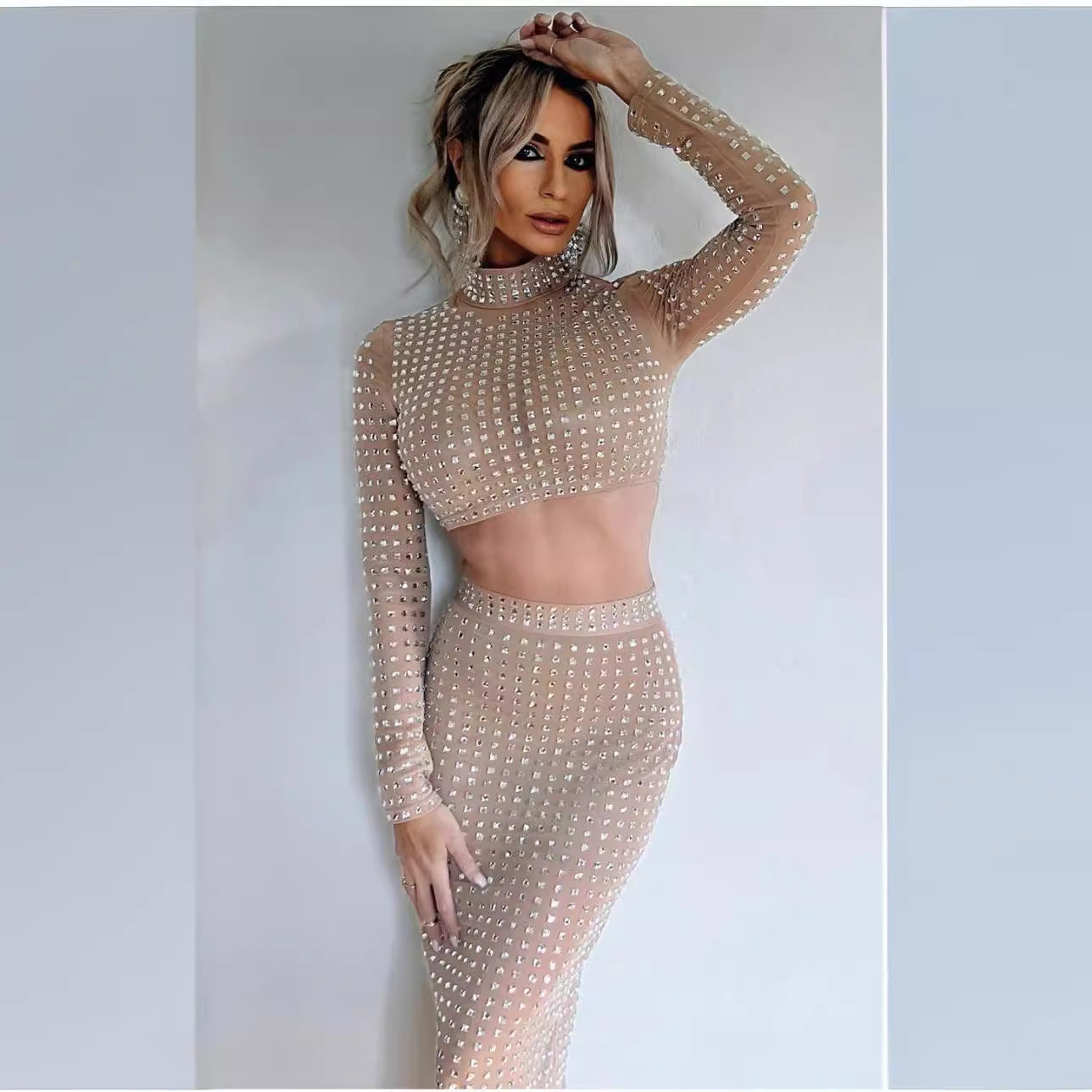 Traje de falda ajustado elástico con remaches a la moda para mujer Hot Girl