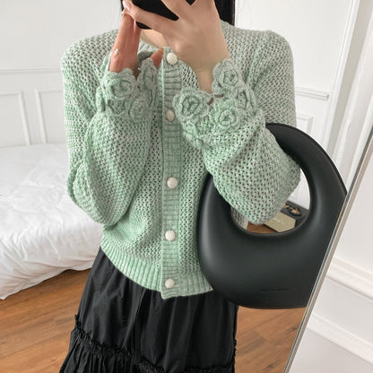 Round Neck Early Velvet Thick Cashmere Cardigan Women's Green Hollow Sweater Cuff Crochet