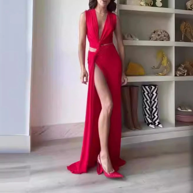 Vestido de chica caliente con escote en V y abertura alta para mujer