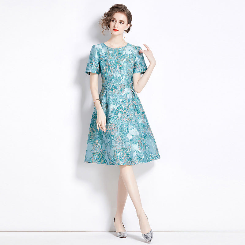 Elegant Slim Waist Color Jacquard Dress