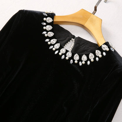 Round Neck Bead Diamond Velvet Long Sleeves Dress